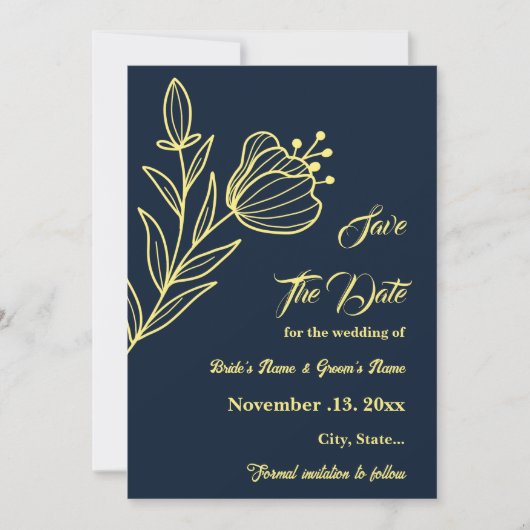 Romantische elegante gouden bloem marine bruiloft save the date (Voorkant)