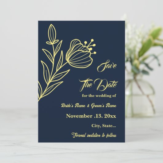 Romantische elegante gouden bloem marine bruiloft save the date (Staand voorkant)