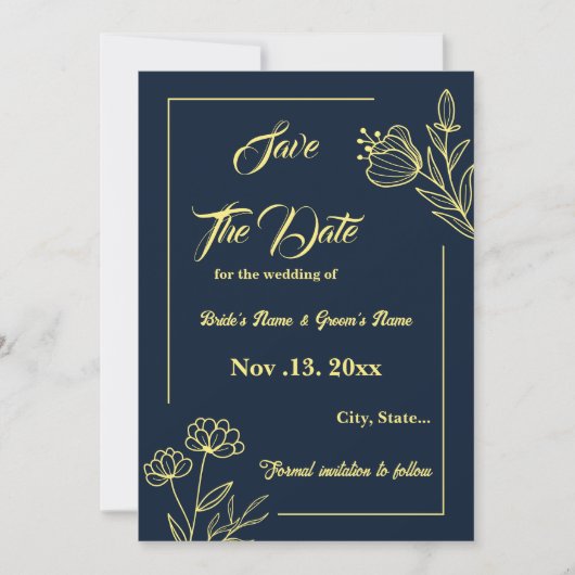 Romantische elegante gouden bloem marine bruiloft save the date (Voorkant)