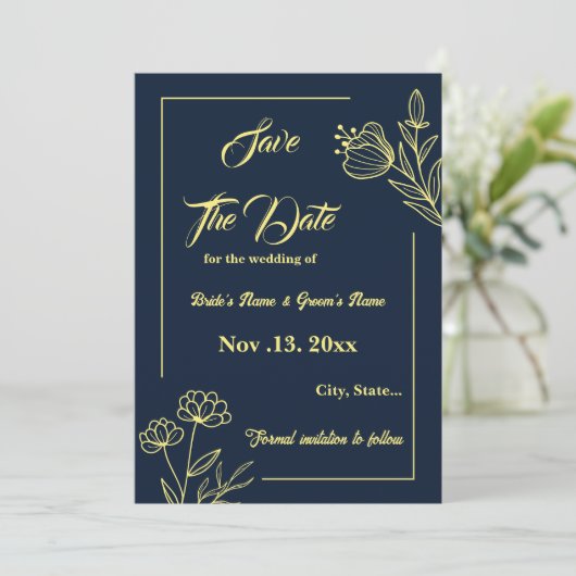 Romantische elegante gouden bloem marine bruiloft save the date (Staand voorkant)
