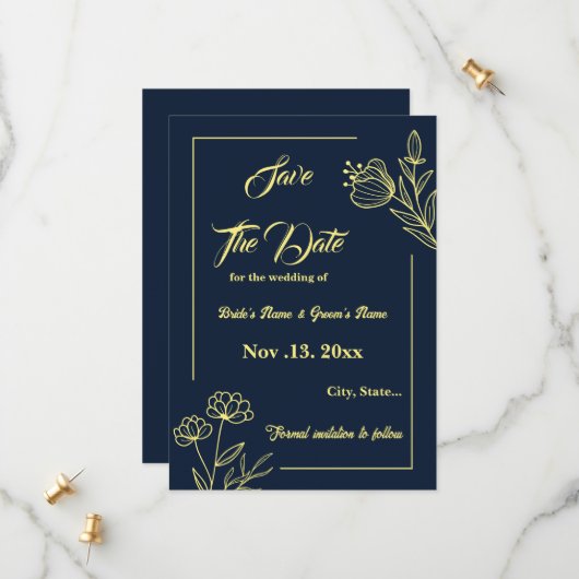 Romantische elegante gouden bloem marine bruiloft save the date (Voorkant / Achterkant in situ)
