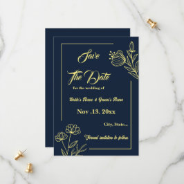 Romantische elegante gouden bloem marine bruiloft save the date