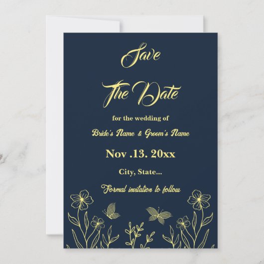 Romantische elegante gouden bloem marine bruiloft save the date (Voorkant)