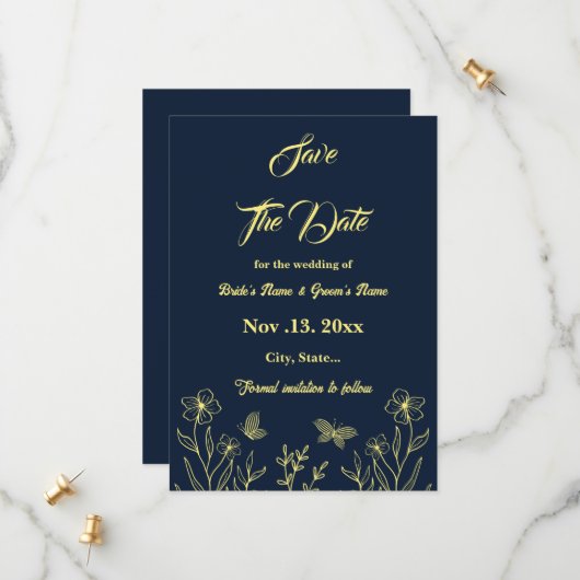 Romantische elegante gouden bloem marine bruiloft save the date (Voorkant / Achterkant in situ)