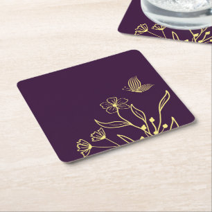 Romantische elegante gouden bloem paarse bruiloft kartonnen onderzetters