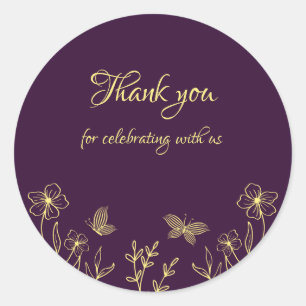 Romantische elegante gouden bloem paarse bruiloft ronde sticker