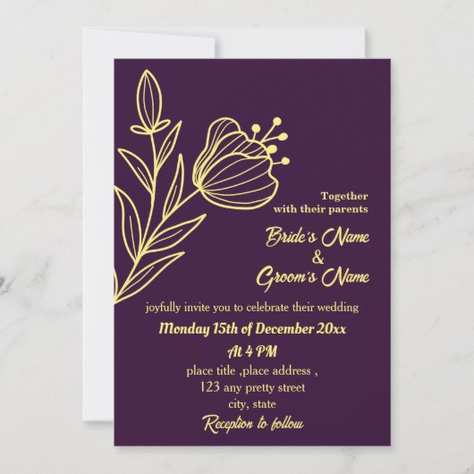 Romantische elegante gouden bloem paarse kaart (Voorkant)