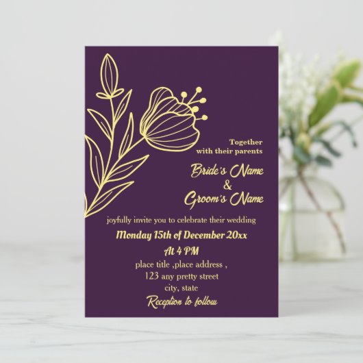 Romantische elegante gouden bloem paarse kaart (Staand voorkant)