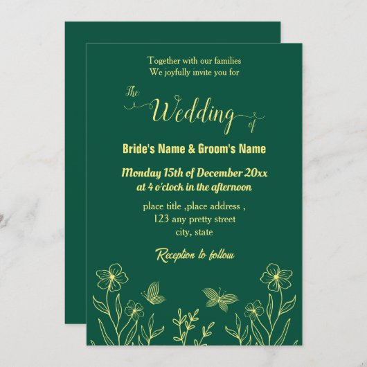 Romantische elegante gouden bloem smaragdgroen kaart (Voorkant / Achterkant)