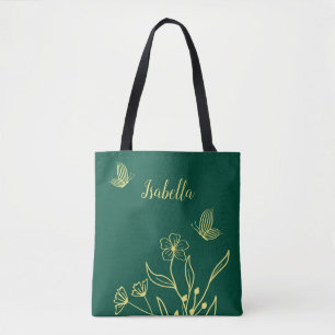 Romantische elegante gouden bloem smaragdgroen tote bag