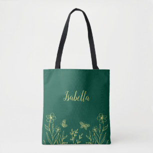 Romantische elegante gouden bloem smaragdgroen tote bag