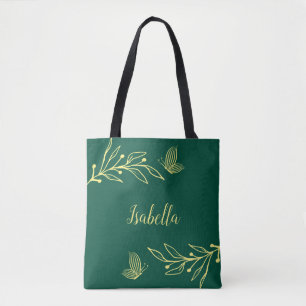 Romantische elegante gouden bloem smaragdgroen tote bag