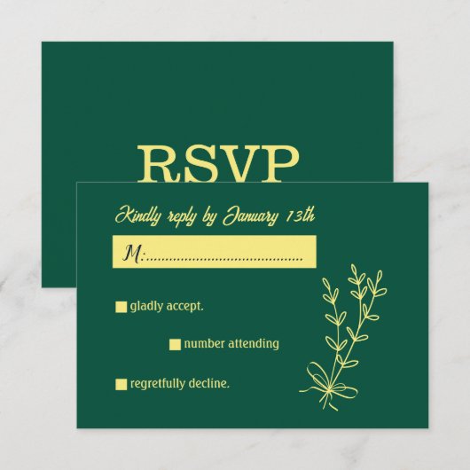 Romantische elegante gouden bloem smaragdgroene br RSVP kaartje (Voorkant / Achterkant)