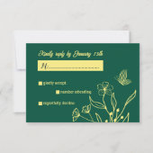 Romantische elegante gouden bloem smaragdgroene br RSVP kaartje (Voorkant)