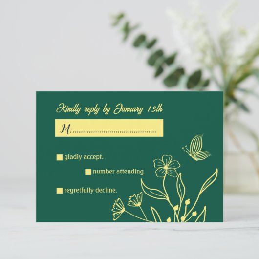 Romantische elegante gouden bloem smaragdgroene br RSVP kaartje (Staand voorkant)