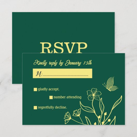 Romantische elegante gouden bloem smaragdgroene br RSVP kaartje (Voorkant / Achterkant)