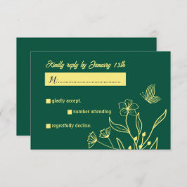 Romantische elegante gouden bloem smaragdgroene br RSVP kaartje
