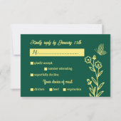 Romantische elegante gouden bloem smaragdgroene br RSVP kaartje (Voorkant)