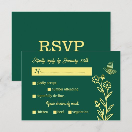 Romantische elegante gouden bloem smaragdgroene br RSVP kaartje (Voorkant / Achterkant)