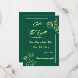 Romantische elegante gouden bloem smaragdgroene br save the date
