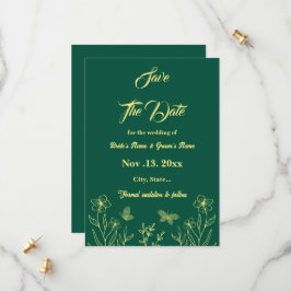 Romantische elegante gouden bloem smaragdgroene br save the date