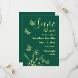 Romantische elegante gouden bloem smaragdgroene br save the date