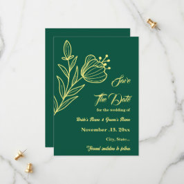 Romantische elegante gouden bloem smaragdgroene br save the date