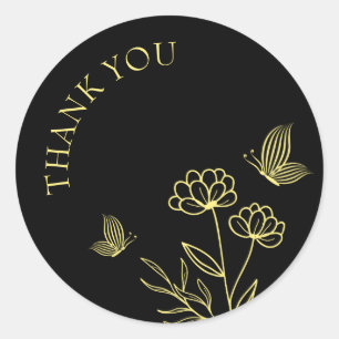 Romantische elegante gouden bloem zwarte bruiloft ronde sticker