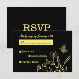 Romantische elegante gouden bloem zwarte bruiloft RSVP kaartje