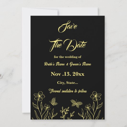 Romantische elegante gouden bloem zwarte bruiloft save the date (Voorkant)
