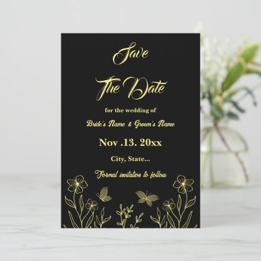 Romantische elegante gouden bloem zwarte bruiloft save the date (Staand voorkant)