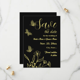 Romantische elegante gouden bloem zwarte bruiloft save the date