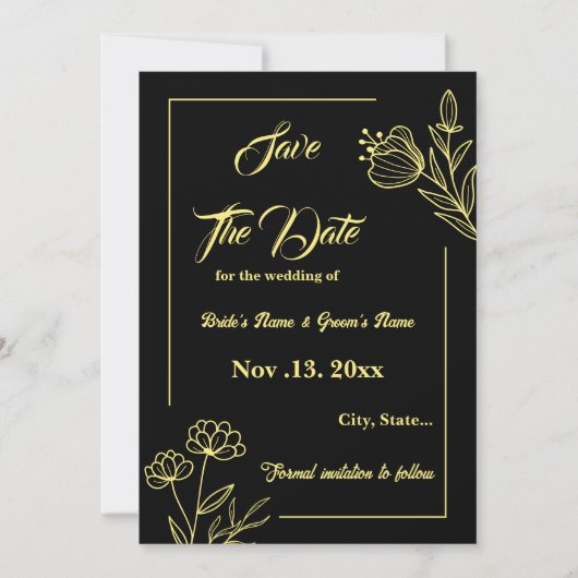 Romantische elegante gouden bloem zwarte bruiloft save the date (Voorkant)