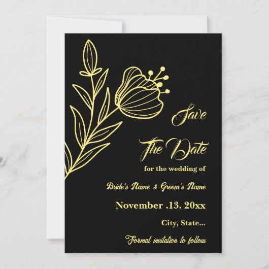 Romantische elegante gouden bloem zwarte bruiloft save the date (Voorkant)