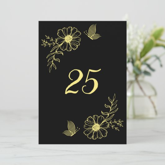 Romantische elegante gouden bloem zwarte tafel num kaart (Staand voorkant)
