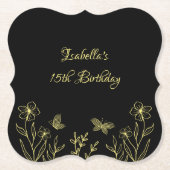 Romantische elegante gouden bloemen zwarte bruilof kartonnen onderzetters (Voorkant)