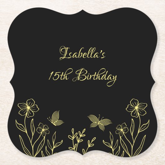Romantische elegante gouden bloemen zwarte bruilof kartonnen onderzetters (Voorkant)