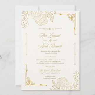 Romantische Elegante Gouden Bloemige Trouw Uitnodi