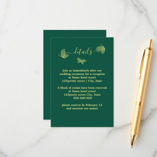 Romantische elegante gouden vlinders smaragdgroene informatiekaartje (Voorkant / Achterkant in situ)