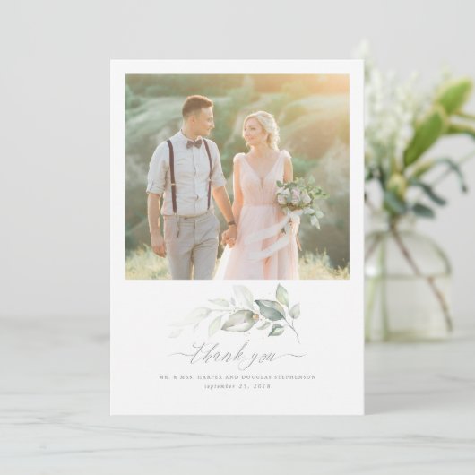 Romantische elegante groene bruiloft dank u foto bedankkaart (Staand voorkant)