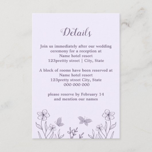 Romantische elegante mauve bloemenbruiloft informatiekaartje (Voorkant)