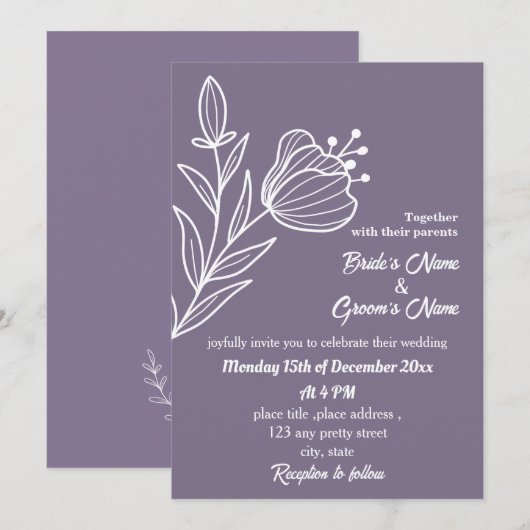 Romantische elegante mauve bloemenbruiloft kaart (Voorkant / Achterkant)