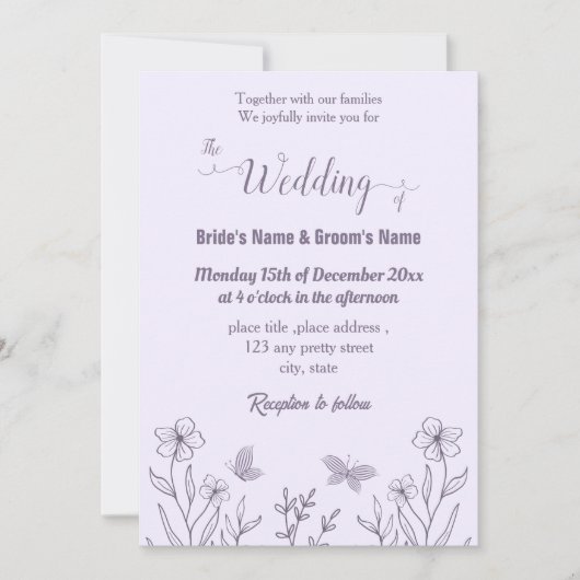 Romantische elegante mauve bloemenbruiloft kaart (Voorkant)