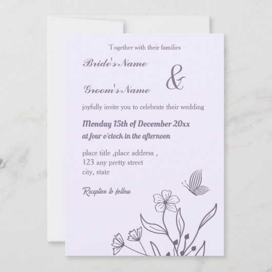 Romantische elegante mauve bloemenbruiloft kaart (Voorkant)
