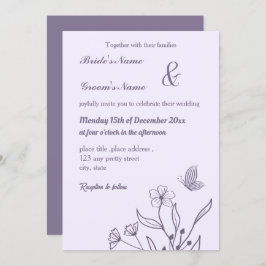 Romantische elegante mauve bloemenbruiloft kaart