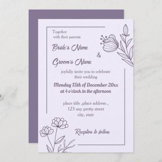 Romantische elegante mauve bloemenbruiloft kaart (Voorkant / Achterkant)