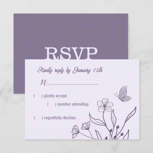 Romantische elegante mauve bloemenbruiloft RSVP kaartje (Voorkant / Achterkant)