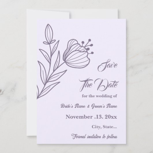 Romantische elegante mauve bloemenbruiloft save the date (Voorkant)