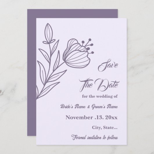 Romantische elegante mauve bloemenbruiloft save the date (Voorkant / Achterkant)