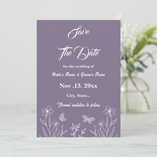 Romantische elegante mauve bloemenbruiloft save the date (Staand voorkant)